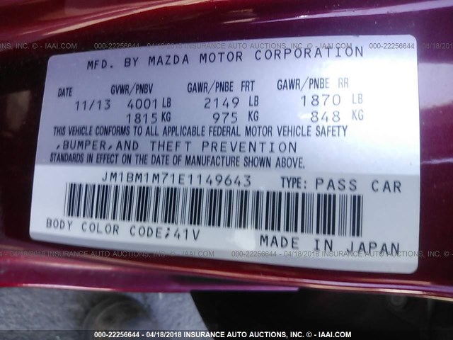 JM1BM1M71E1149643 - 2014 MAZDA 3 GRAND TOURING RED photo 9