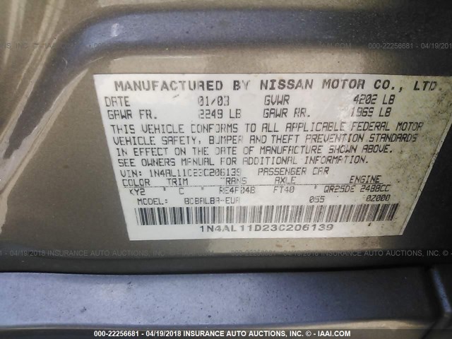 1N4AL11D23C206139 - 2003 NISSAN ALTIMA S/SL Champagne photo 9