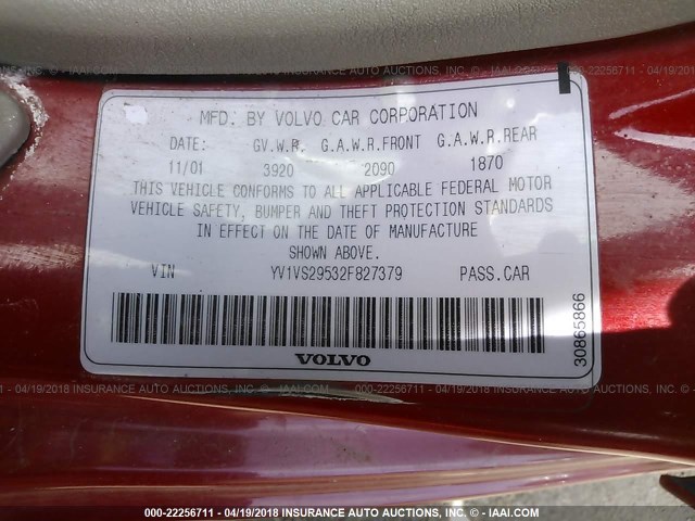 YV1VS29532F827379 - 2002 VOLVO S40 1.9T RED photo 9