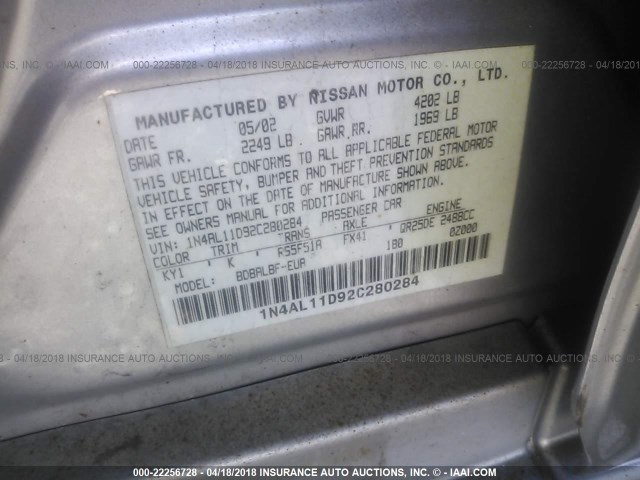 1N4AL11D92C280284 - 2002 NISSAN ALTIMA S/SL SILVER photo 9