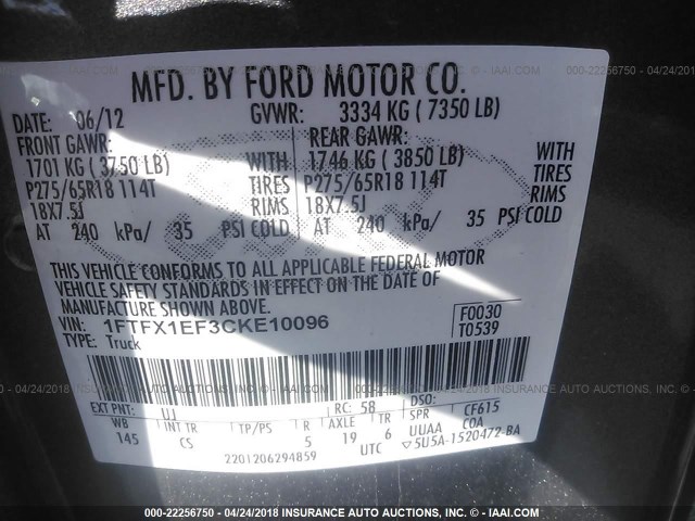 1FTFX1EF3CKE10096 - 2012 FORD F150 SUPER CAB GRAY photo 9