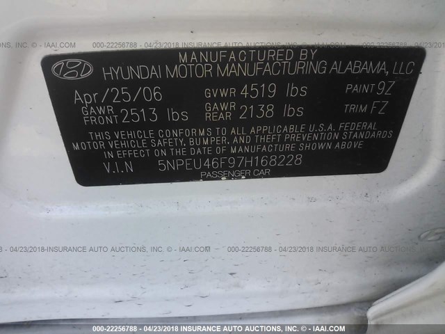 5NPEU46F97H168228 - 2007 HYUNDAI SONATA SE/LIMITED WHITE photo 9