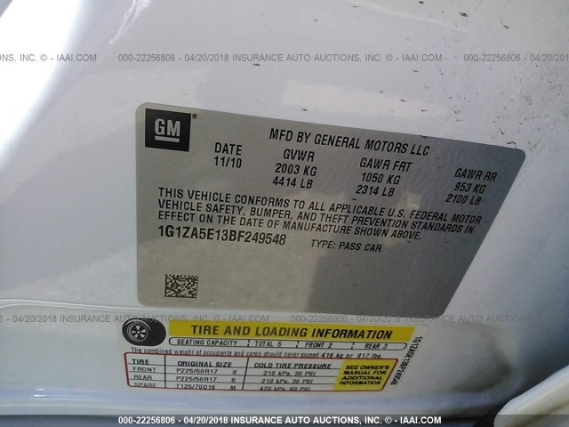 1G1ZA5E13BF249548 - 2011 CHEVROLET MALIBU LS WHITE photo 9