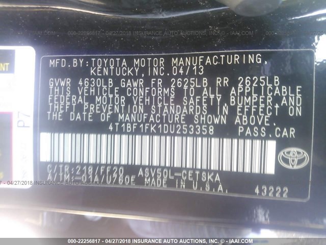 4T1BF1FK1DU253358 - 2013 TOYOTA CAMRY L/SE/LE/XLE BLACK photo 9