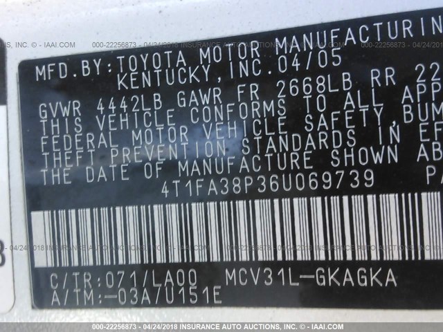 4T1FA38P36U069739 - 2006 TOYOTA CAMRY SOLARA SE/SLE თეთრი ფოტო 9