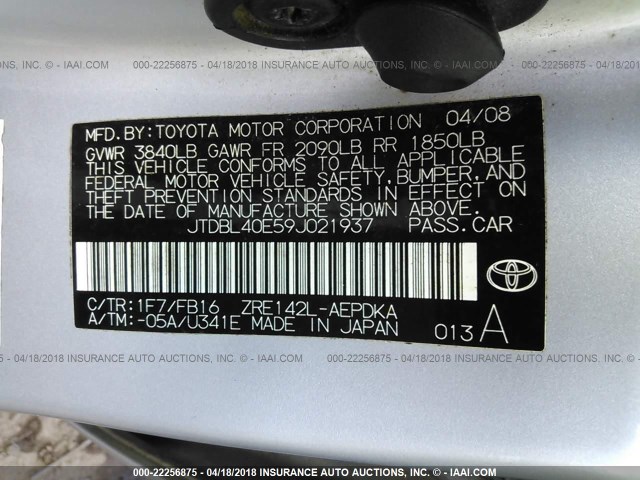 JTDBL40E59J021937 - 2009 TOYOTA COROLLA LE/XLE GRAY photo 9