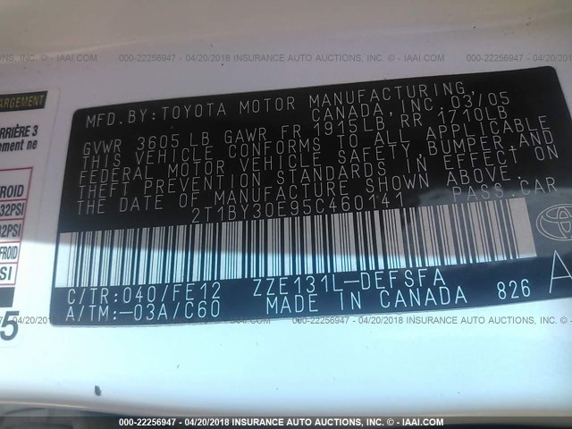 2T1BY30E95C460141 - 2005 TOYOTA COROLLA XRS WHITE photo 9