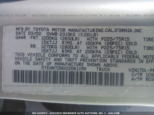 5TEHN72NX2Z061199 - 2002 TOYOTA TACOMA DOUBLE CAB GRAY photo 9