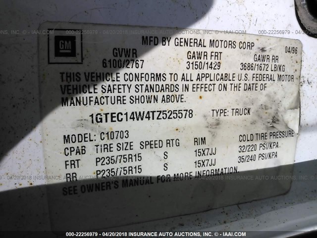 1GTEC14W4TZ525578 - 1996 GMC SIERRA C1500 WHITE photo 9