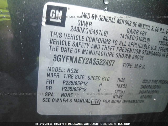 3GYFNAEY2AS522407 - 2010 CADILLAC SRX LUXURY COLLECTION GRAY photo 9