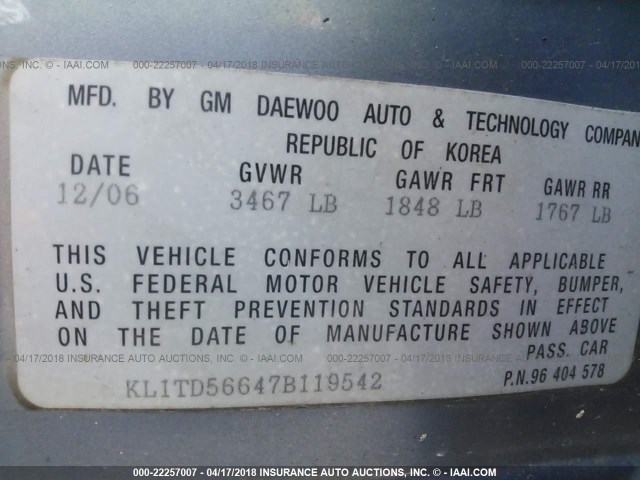 KL1TD56647B119542 - 2007 CHEVROLET AVEO LS Light Blue photo 9