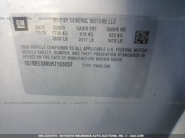 1G1BE5SM5H7193037 - 2017 CHEVROLET CRUZE LT SILVER photo 9