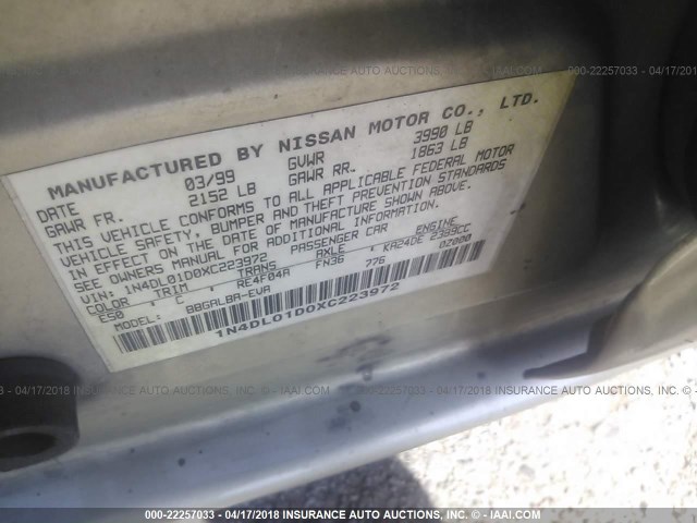 1N4DL01D0XC223972 - 1999 NISSAN ALTIMA XE/GXE/SE/GLE TAN photo 9