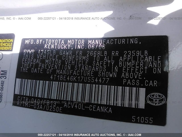4T1BE46K17U554477 - 2007 TOYOTA CAMRY NEW GENERAT CE/LE/XLE/SE WHITE photo 9