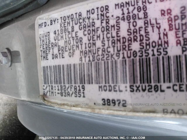 4T1BG22K91U035155 - 2001 TOYOTA CAMRY CE/LE/XLE GRAY photo 9