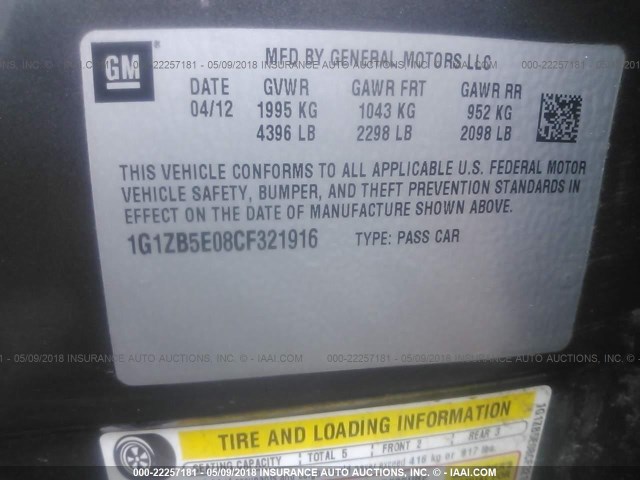 1G1ZB5E08CF321916 - 2012 CHEVROLET MALIBU LS 灰色 照片 9