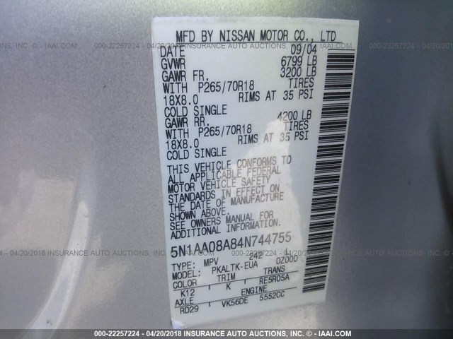 5N1AA08A84N744755 - 2004 NISSAN ARMADA SE/LE GRAY photo 9