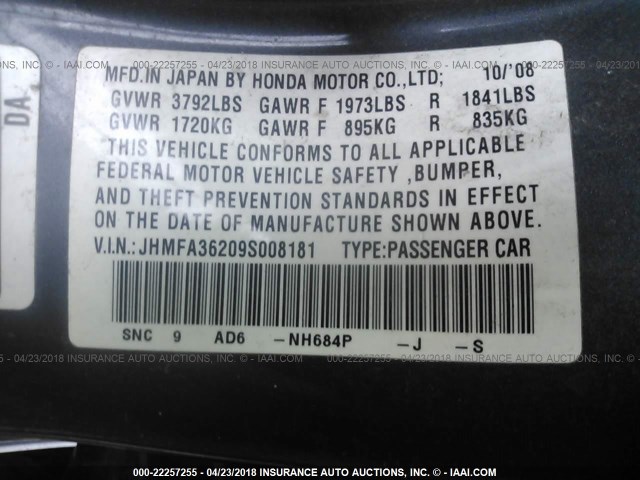 JHMFA36209S008181 - 2009 HONDA CIVIC HYBRID BLUE photo 9