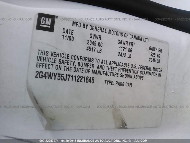 2G4WY55J711221646 - 2001 BUICK CENTURY LIMITED WHITE photo 9
