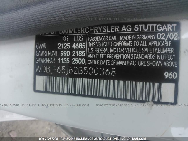 WDBJF65J62B500368 - 2002 MERCEDES-BENZ E 320 WHITE photo 9