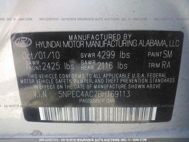 5NPEC4AC7BH169113 - 2011 HYUNDAI SONATA SE/LIMITED SILVER photo 9