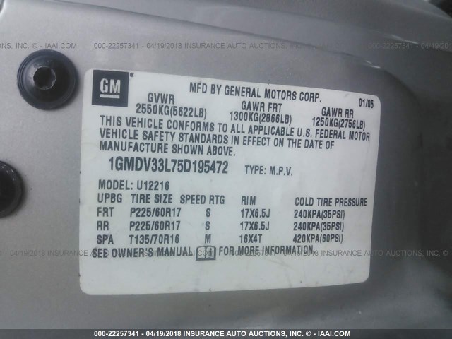 1GMDV33L75D195472 - 2005 PONTIAC MONTANA SV6 SILVER photo 9