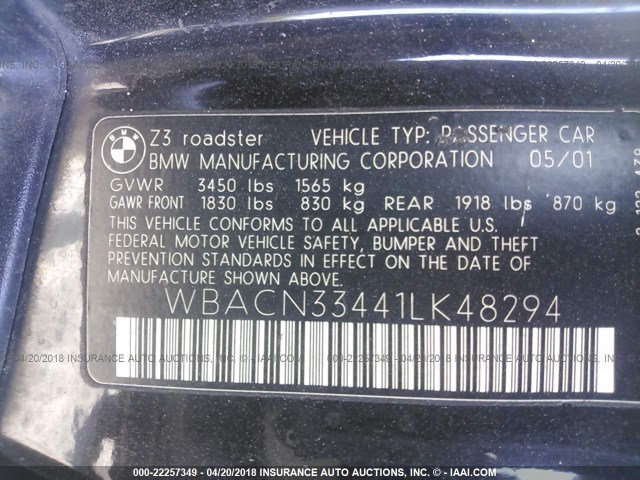 WBACN33441LK48294 - 2001 BMW Z3 2.5 BLACK photo 9