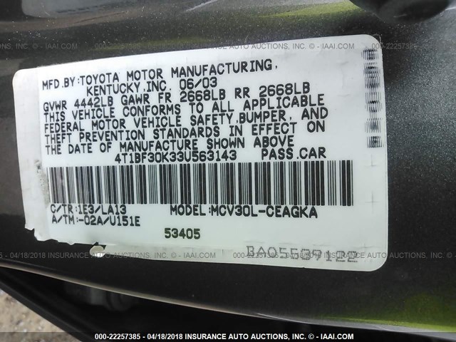 4T1BF30K33U563143 - 2003 TOYOTA CAMRY LE/XLE/SE 灰色 照片 9