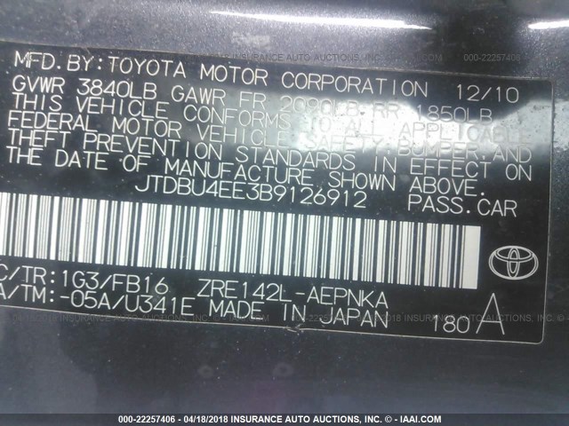 JTDBU4EE3B9126912 - 2011 TOYOTA COROLLA S/LE GRAY photo 9