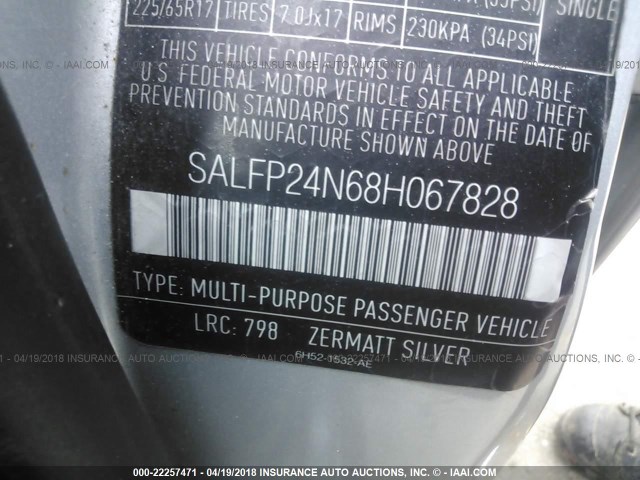 SALFP24N68H067828 - 2008 LAND ROVER LR2 SE SILVER photo 9