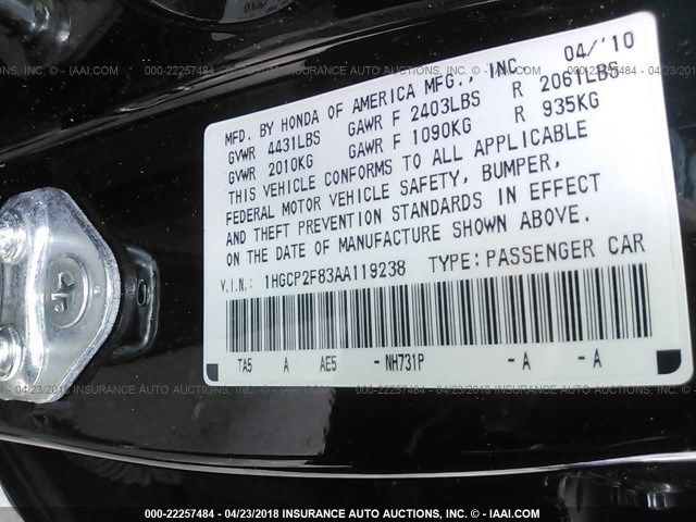 1HGCP2F83AA119238 - 2010 HONDA ACCORD EXL BLACK photo 9