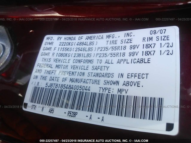 5J8TB18548A005044 - 2008 ACURA RDX TECHNOLOGY BURGUNDY photo 9