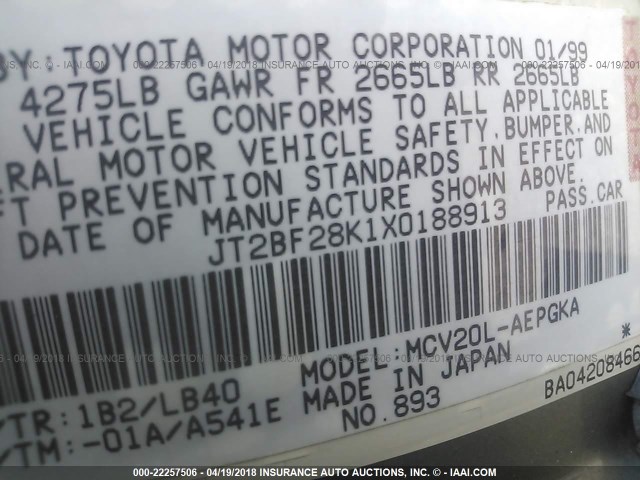 JT2BF28K1X0188913 - 1999 TOYOTA CAMRY LE/XLE GRAY photo 9