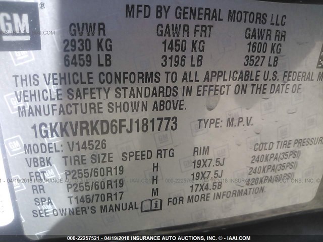 1GKKVRKD6FJ181773 - 2015 GMC ACADIA SLT-1 GRAY photo 9