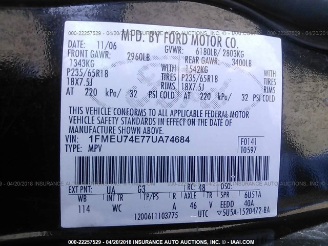 1FMEU74E77UA74684 - 2007 FORD EXPLORER EDDIE BAUER BLACK photo 9