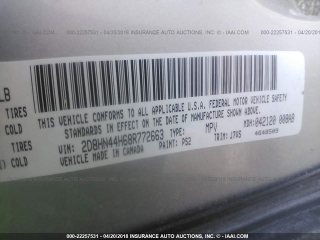 2D8HN44H68R772663 - 2008 DODGE GRAND CARAVAN SE SILVER photo 9