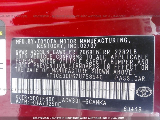 4T1CE30P67U758940 - 2007 TOYOTA CAMRY SOLARA SE/SLE 红色 照片 9