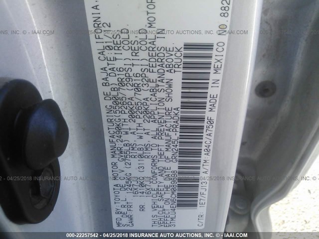 3TMLU4EN6CM089698 - 2012 TOYOTA TACOMA DOUBLE CAB ვერცხლისფერი ფოტო 9