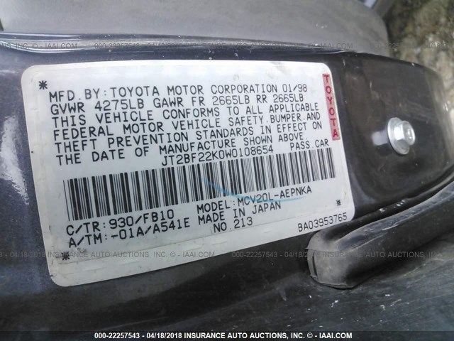 JT2BF22K0W0108654 - 1998 TOYOTA CAMRY CE/LE/XLE GRAY photo 9