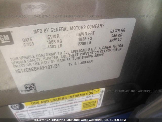 1G1ZC5EB6AF107731 - 2010 CHEVROLET MALIBU 1LT TAN photo 9