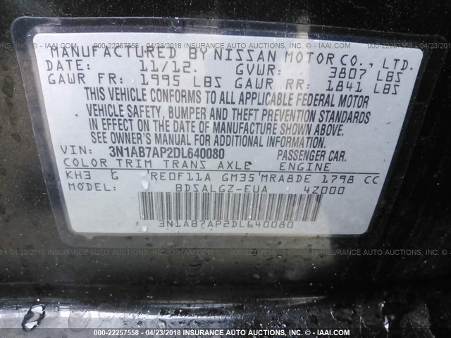 3N1AB7AP2DL640080 - 2013 NISSAN SENTRA S/SV/SR/SL BLACK photo 9