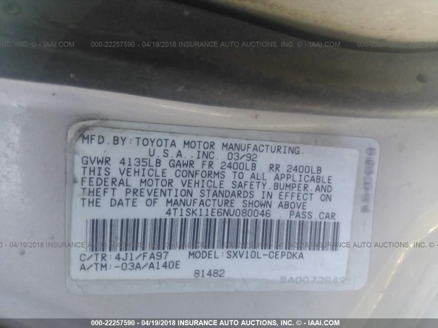 4T1SK11E6NU080046 - 1992 TOYOTA CAMRY DLX 香槟色 照片 9