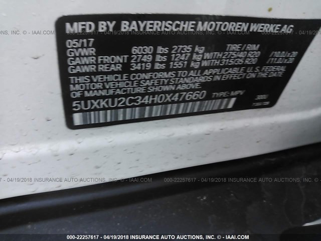 5UXKU2C34H0X47660 - 2017 BMW X6 XDRIVE35I WHITE photo 9