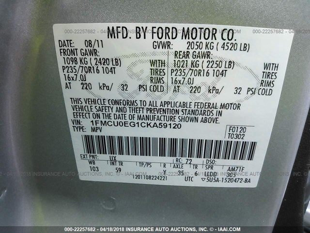 1FMCU0EG1CKA59120 - 2012 FORD ESCAPE LIMITED SILVER photo 9