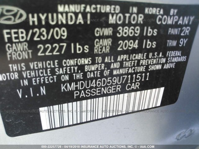 KMHDU46D59U711511 - 2009 HYUNDAI ELANTRA GLS/SE SILVER photo 9