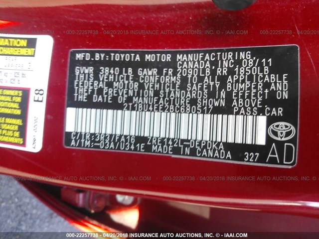 2T1BU4EE2BC680517 - 2011 TOYOTA COROLLA S/LE RED photo 9