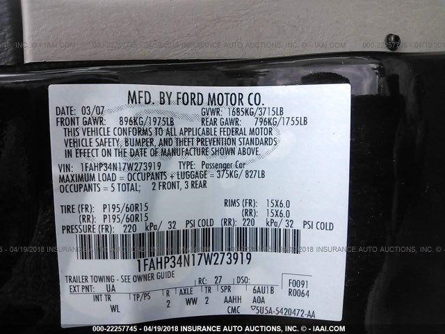 1FAHP34N17W273919 - 2007 FORD FOCUS ZX4/S/SE/SES 黑色 照片 9