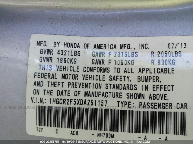 1HGCR2F5XDA251157 - 2013 HONDA ACCORD SPORT SILVER photo 9