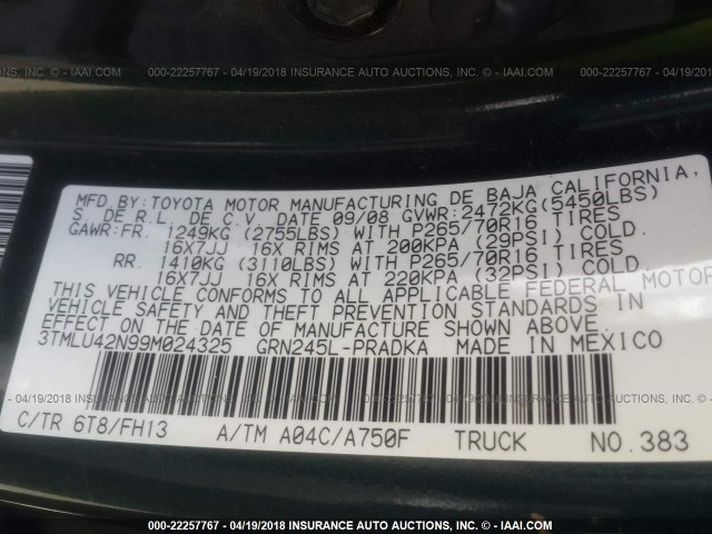3TMLU42N99M024325 - 2009 TOYOTA TACOMA DOUBLE CAB მწვანე ფოტო 9