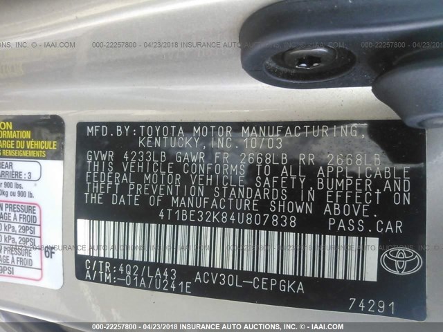 4T1BE32K84U807838 - 2004 TOYOTA CAMRY LE/XLE/SE BEIGE photo 9